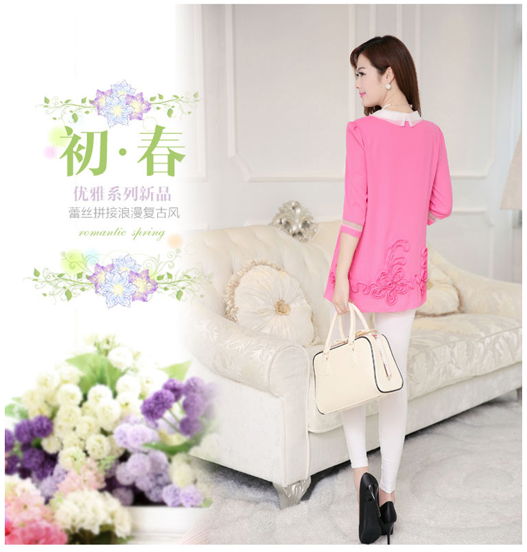 货到付款卡熙琳娜2015夏装新款女装上衣盘绣花衬衫娃娃领韩版蕾丝衫中袖打底衫 (紫色) XXL