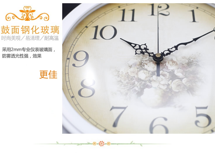 乐唯仕“玫瑰花簇漆白”静音/欧式/客厅钟表/卧室挂钟/田园风格 玫瑰花簇漆白