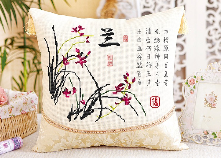 
                                        诗美诗格印花十字绣新款抱枕客厅书房四君子梅兰竹菊 梅-棉线精准印花                