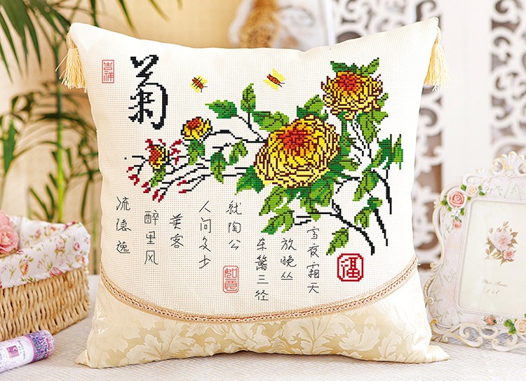 
                                        诗美诗格印花十字绣新款抱枕客厅书房四君子梅兰竹菊 梅-棉线精准印花                