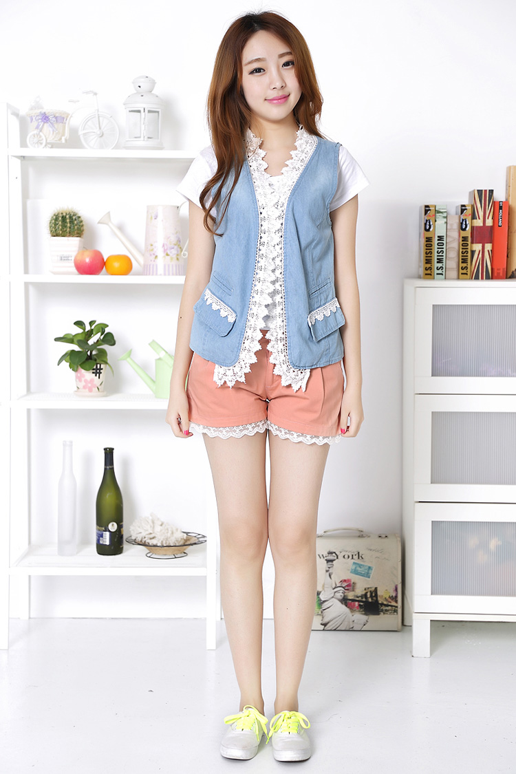 美德曼蒂2014年 百搭蕾丝碎花牛仔<em>马夹</em>背心坎