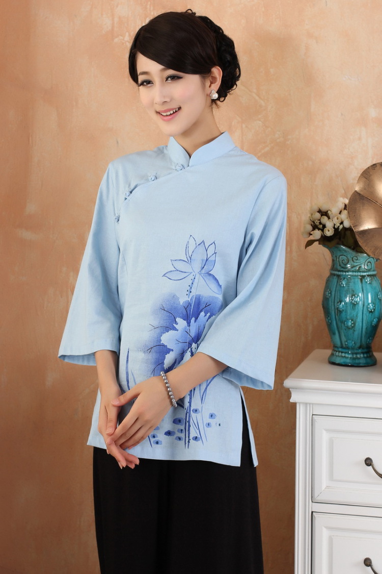 Mrs Ingrid sprawl economy summer new, original female cotton Ma short-sleeved improved cheongsam Chinese T-shirt blue XXXL pictures, price, brand platters! Elections are good character, the national distribution, so why buy now enjoy more preferential! Health