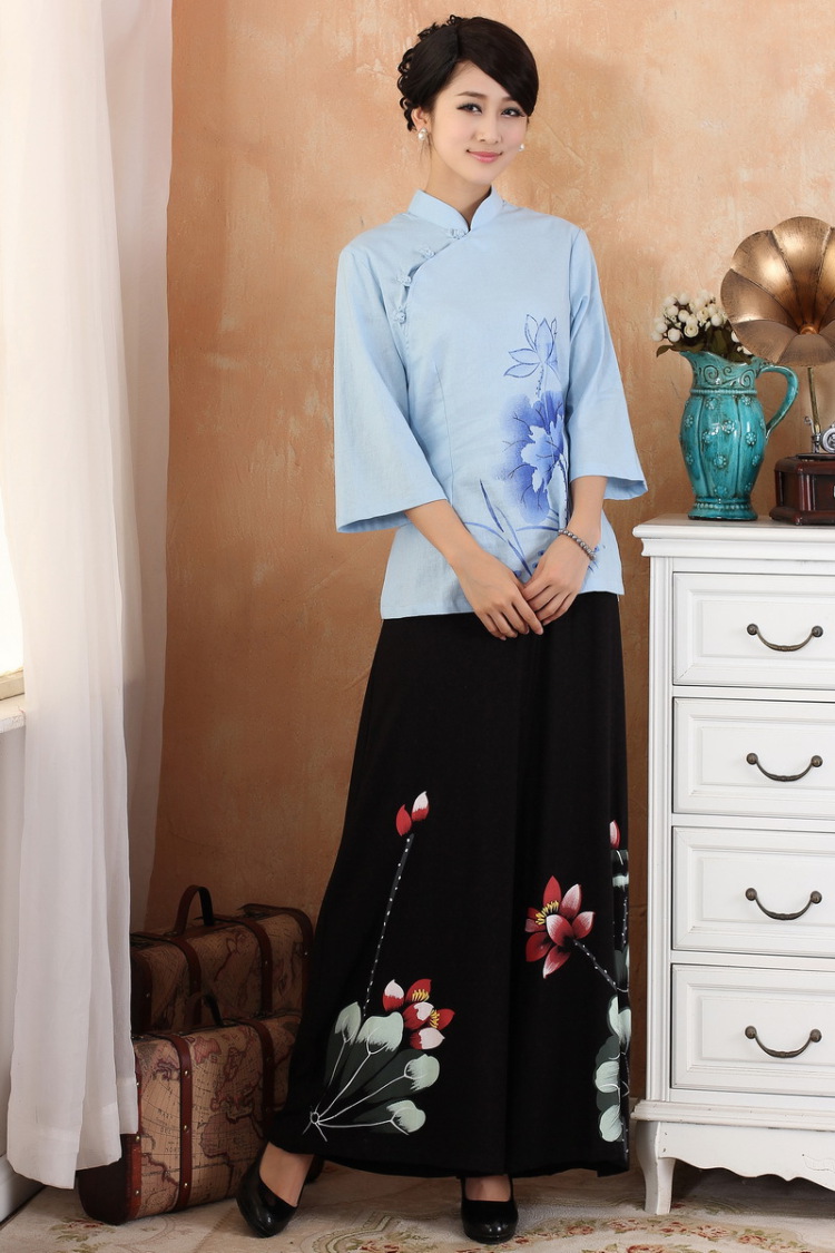 Mrs Ingrid sprawl economy summer new, original female cotton Ma short-sleeved improved cheongsam Chinese T-shirt blue XXXL pictures, price, brand platters! Elections are good character, the national distribution, so why buy now enjoy more preferential! Health