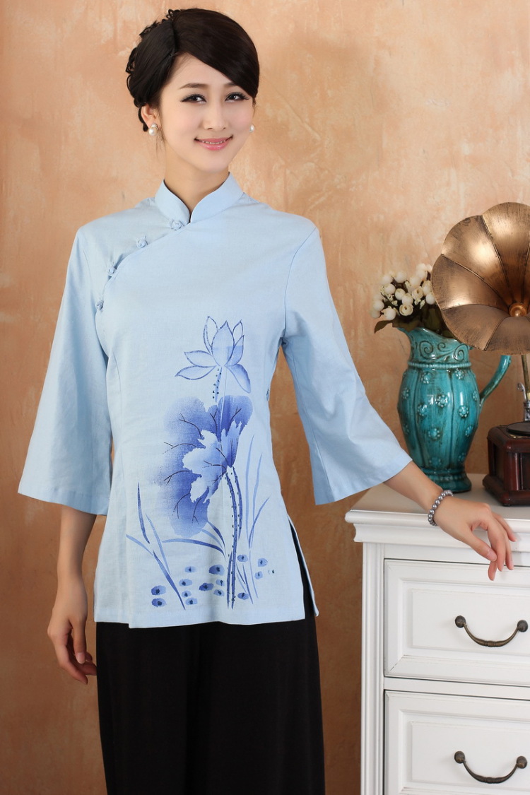 Mrs Ingrid sprawl economy summer new, original female cotton Ma short-sleeved improved cheongsam Chinese T-shirt blue XXXL pictures, price, brand platters! Elections are good character, the national distribution, so why buy now enjoy more preferential! Health