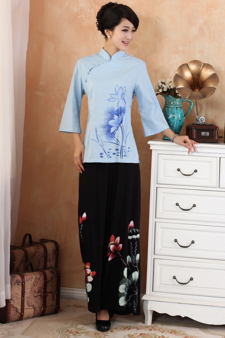 Mrs Ingrid sprawl economy summer new, original female cotton Ma short-sleeved improved cheongsam Chinese T-shirt blue XXXL pictures, price, brand platters! Elections are good character, the national distribution, so why buy now enjoy more preferential! Health