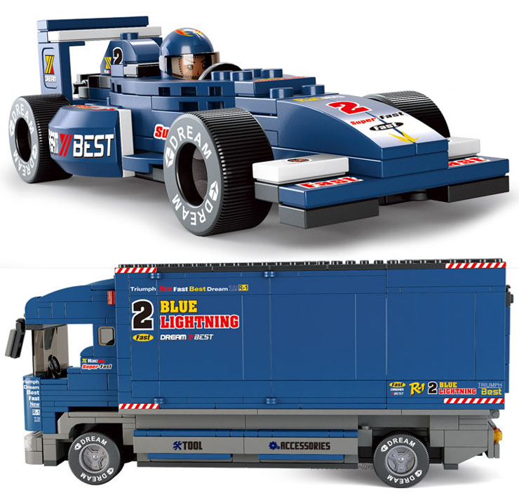 小鲁班乐高式拼装积木方程式F1赛车运输车益
