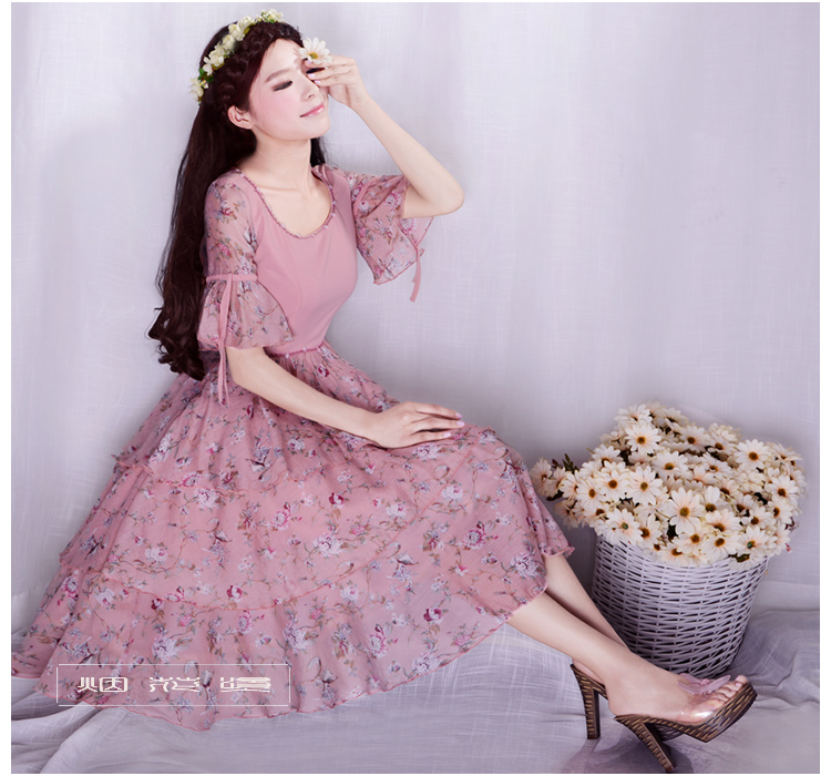 <em>烟花烫</em>HL2014夏新款<em>女装</em>修身雪纺印花短袖连