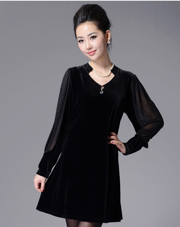 清新怡人 2014夏装新款长袖金丝绒连衣裙 货到