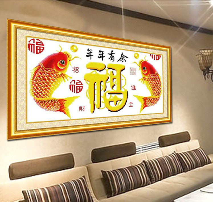 
                                        爱度ks 印花十字绣 年年有余福寿系列十字绣大幅客厅 大画 客厅大画 尺寸约82*43cm                