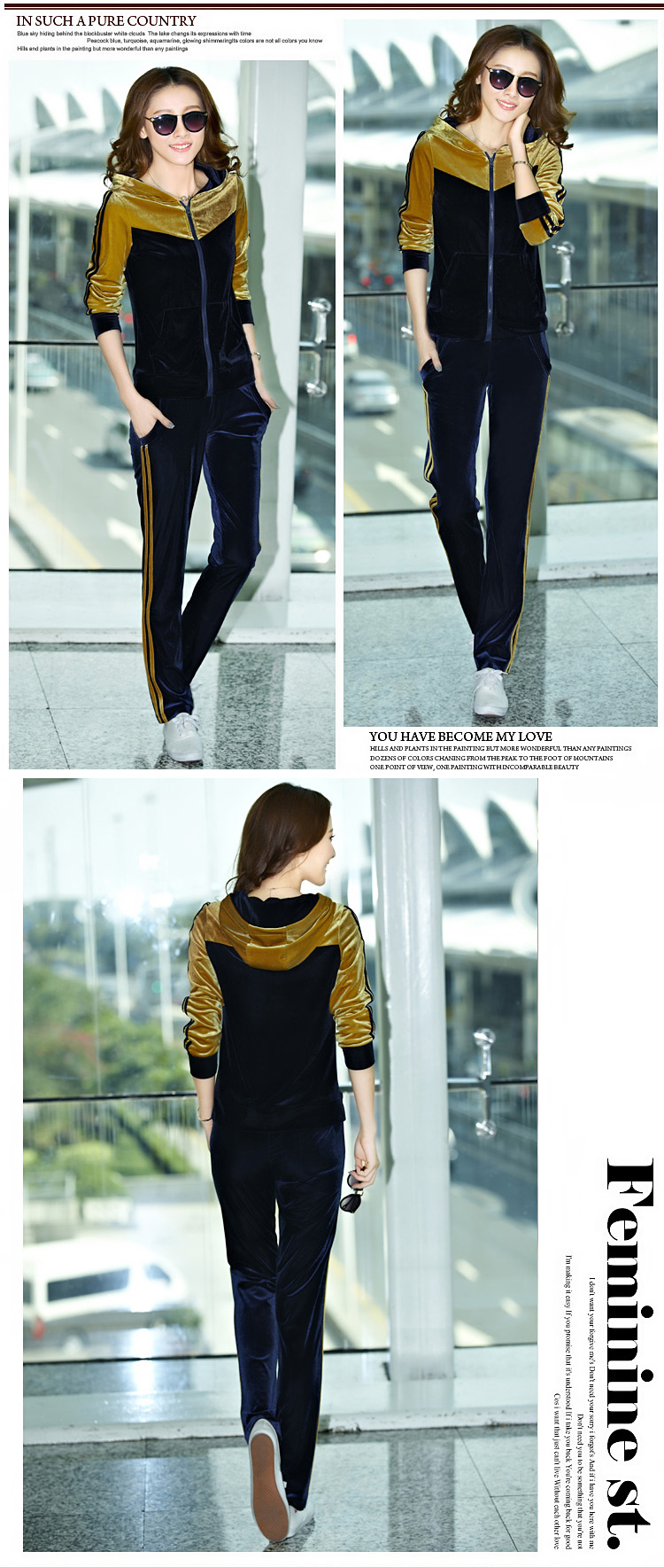 贵爽2015新款金丝绒休闲套装女韩版天鹅绒卫衣运动服套装女春秋 荧光绿 XXL