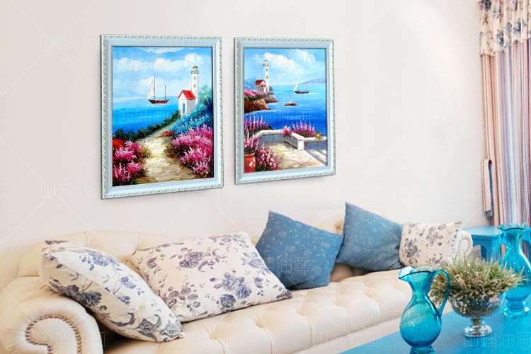 
                                        山迪手绘油画欧式客厅装饰画餐厅玄关挂画地中海风景画 地中海B1竖版 实木画框62X72cm                