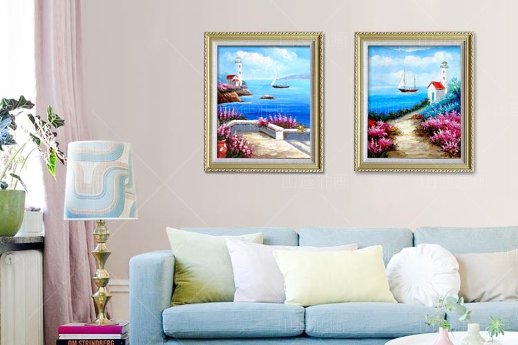 
                                        山迪手绘油画欧式客厅装饰画餐厅玄关挂画地中海风景画 地中海B1竖版 实木画框62X72cm                