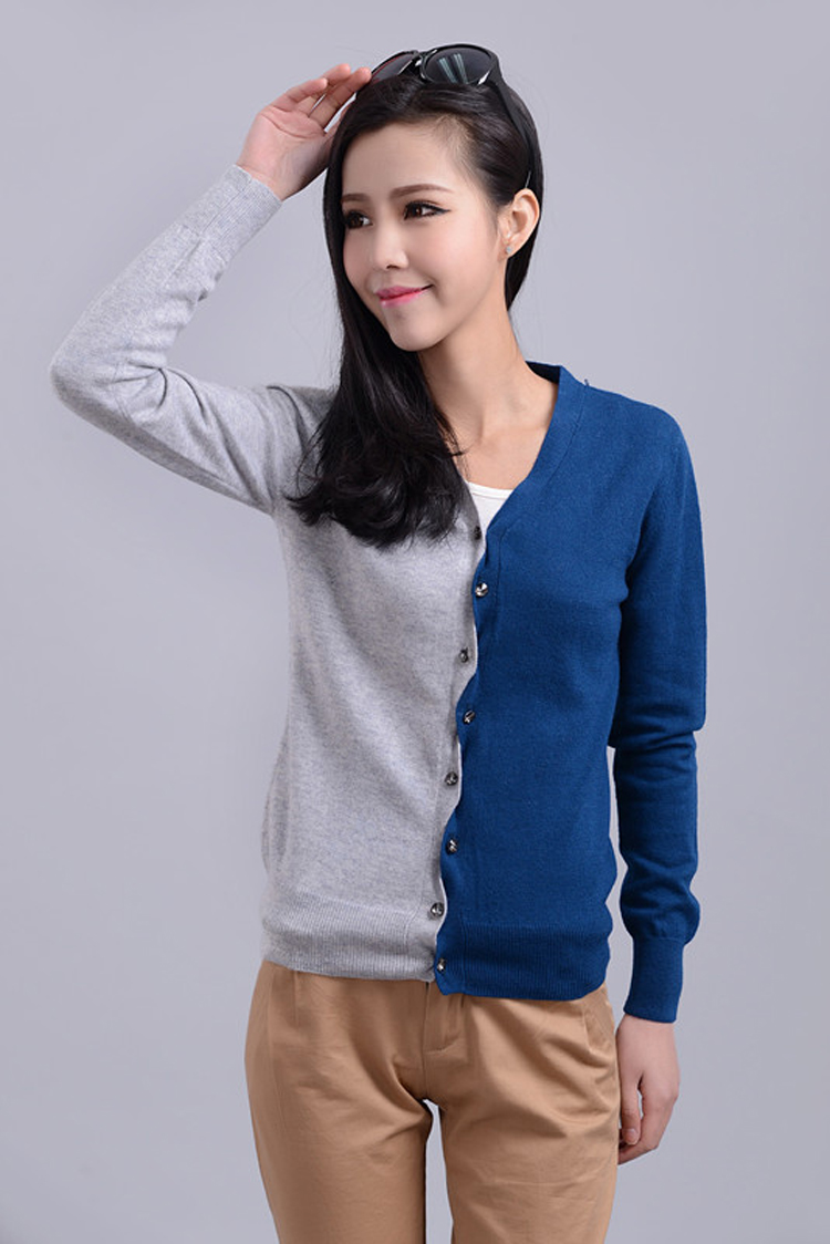 淘特暖2014春装新款女装<em>羊绒</em>衫V领<em>短款</em>拼色开