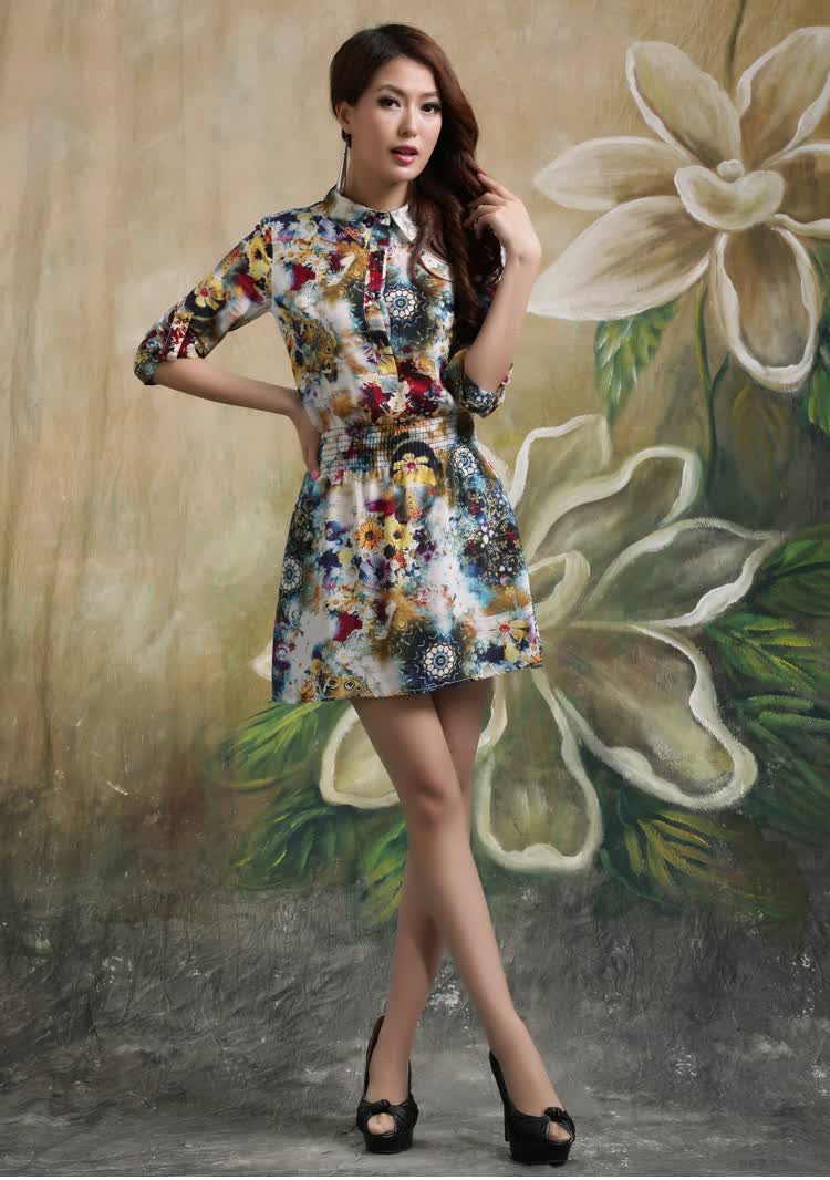 伊莲娜 2014春装新款欧美女<em>裙子</em>套头紧<em>腰</em>真丝