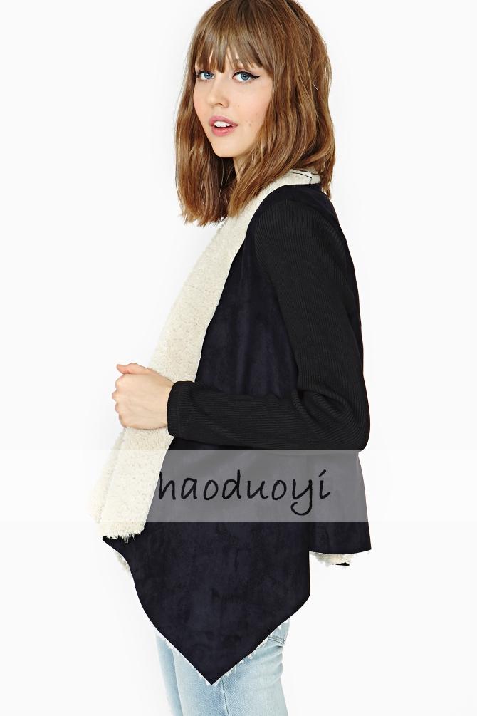 haoduoyi 羊羔毛覆底麂皮绒无扣秋冬款外套女后背牛角扣调节 黑色 L