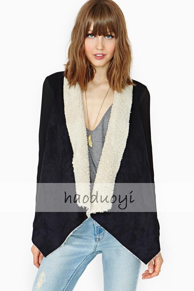 haoduoyi 羊羔毛覆底麂皮绒无扣秋冬款外套女后背牛角扣调节 黑色 L