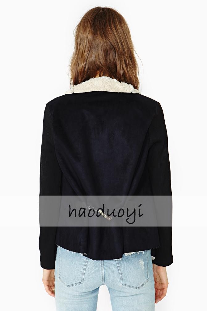 haoduoyi 羊羔毛覆底麂皮绒无扣秋冬款外套女后背牛角扣调节 黑色 L