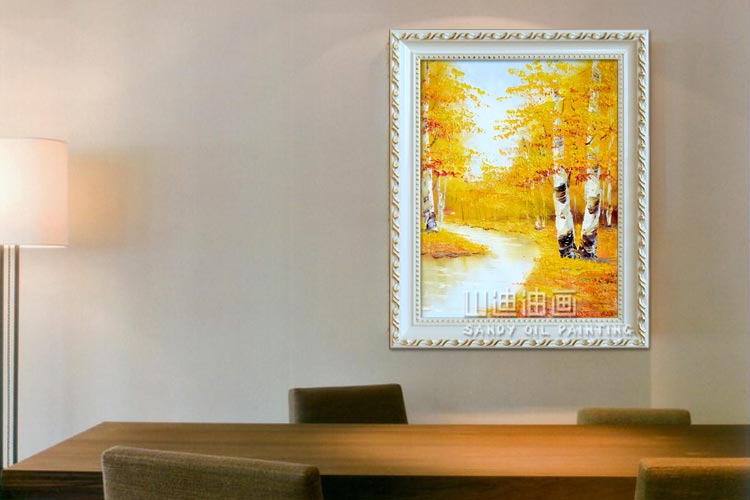 山迪欧式手绘油画客厅风景画装饰画餐厅挂画壁画白桦林 绿色竖版 含框39X49cm