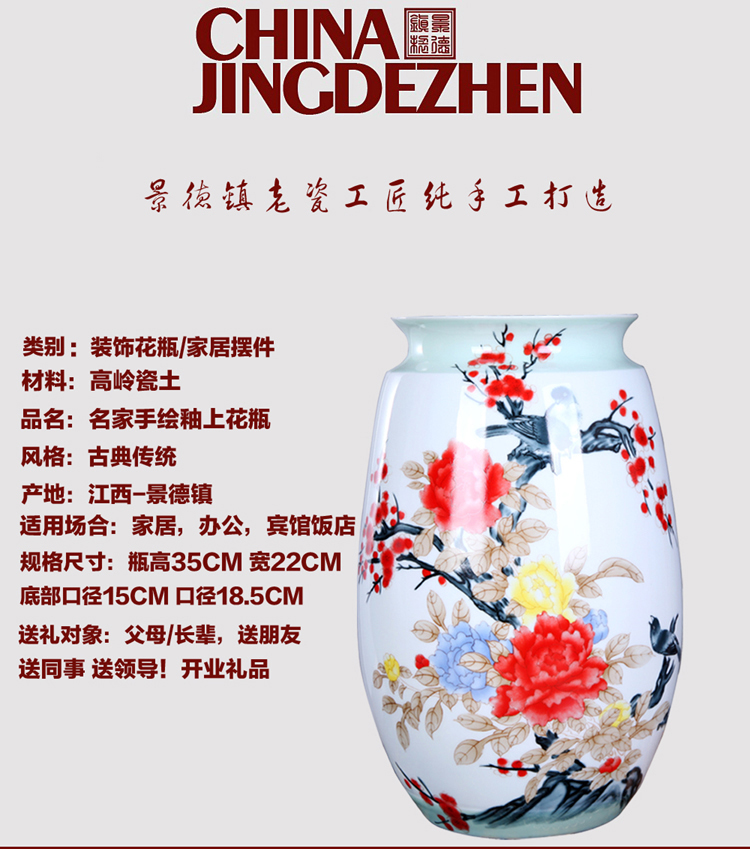 
                                        瓷晟 景德镇陶瓷器 手绘花瓶 家居时尚摆件装饰工艺品 花开富贵 福临门 富贵牡丹将军瓶                
