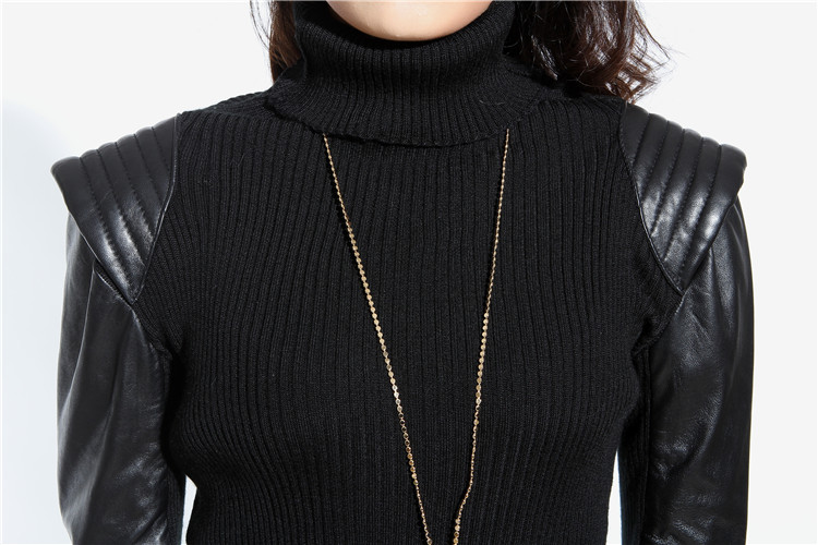 装皮衣真皮打底衫 韩版修身短款长袖堆堆领绵