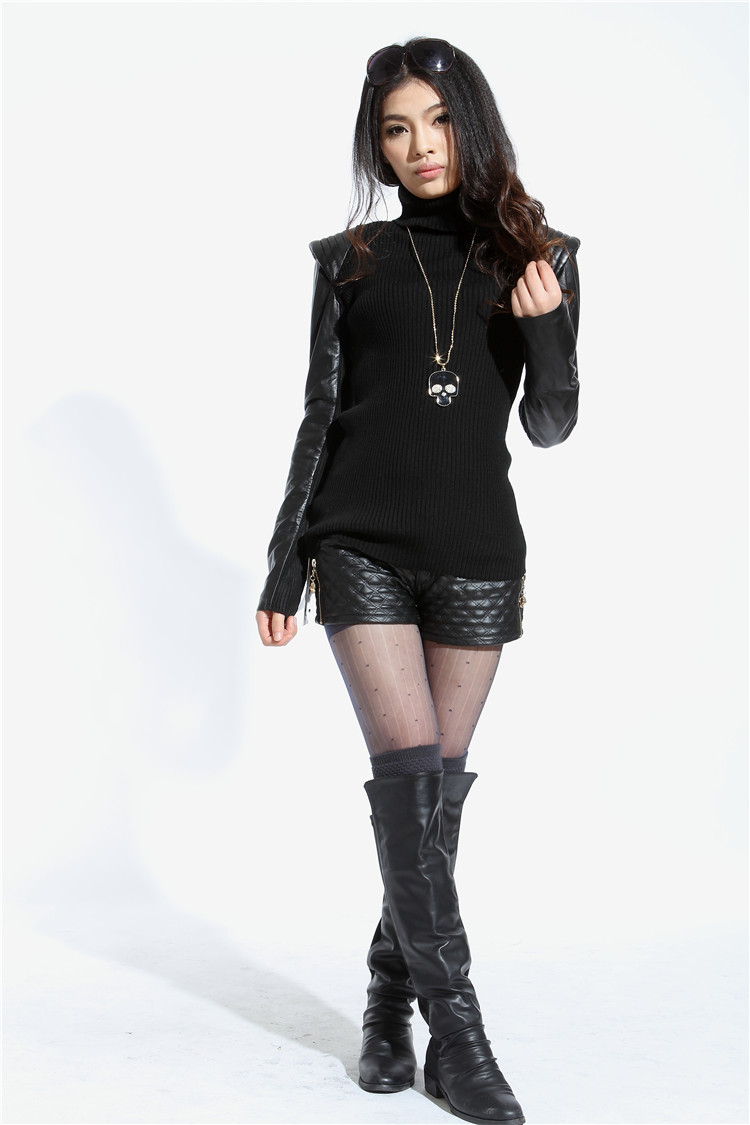 装皮衣真皮打底衫 韩版修身短款长袖堆堆领绵