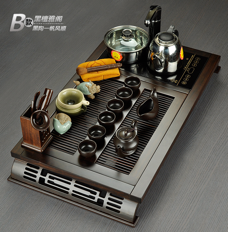 唐丰 雅阁功夫茶具套装 红木黑檀木实木茶盘 抽水烧水电热炉电磁炉 紫砂茶壶茶杯茶道1565 雅阁-富贵