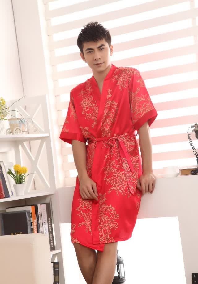仪静纤雅 大红色<em>本命年</em>结婚情侣<em>睡袍</em>短袖套装