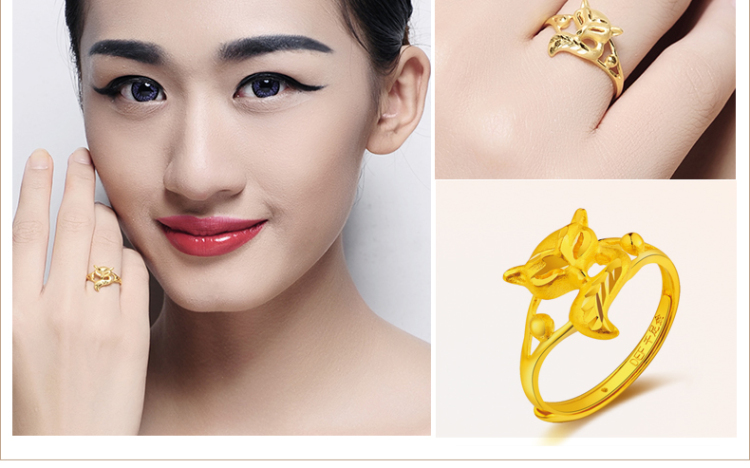 千禧之星999千足金 24K<em>黄金</em>狐狸<em>女戒指</em> 守护爱