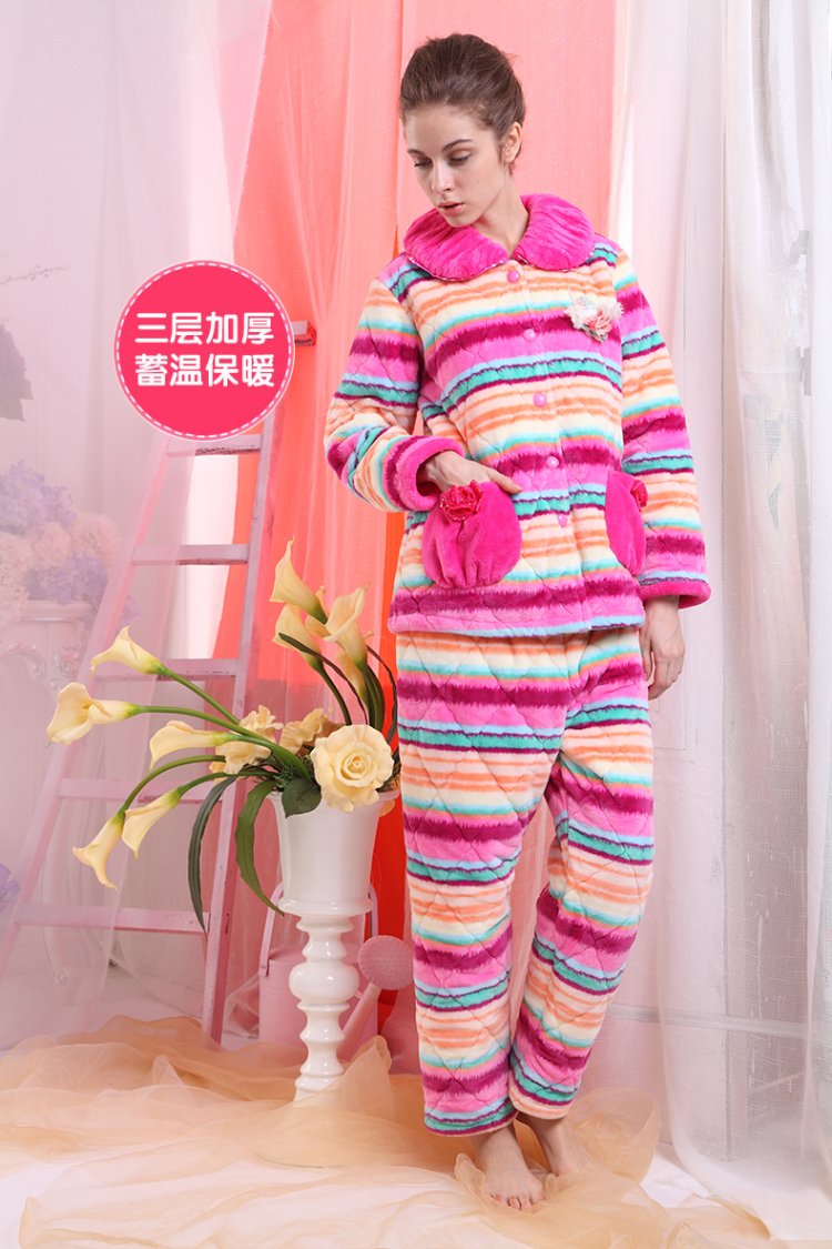 康柔 冬<em>女人睡衣</em>夹棉加厚可爱翻领横条长袖家