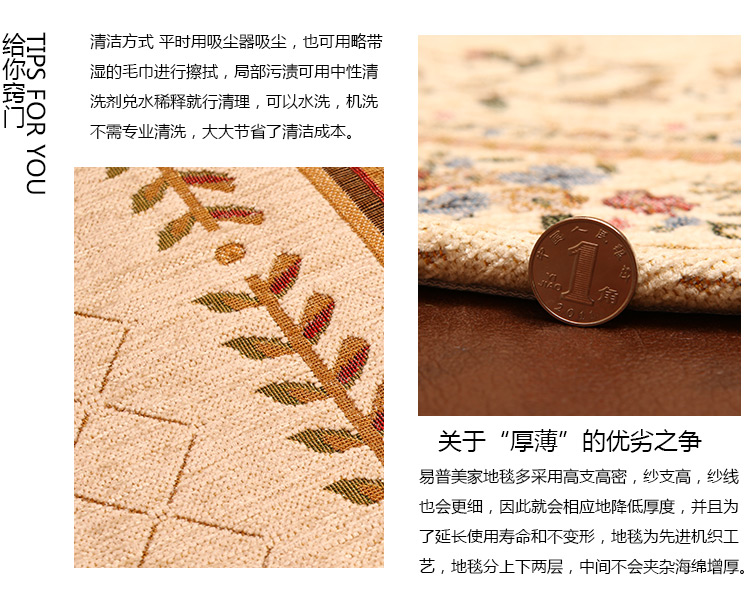 
                                                            易普美家地毯客厅家用田园茶几地毯简约中式可水洗欧式地毯床边卧室地毯 ED011 2000MMx2900MM                
