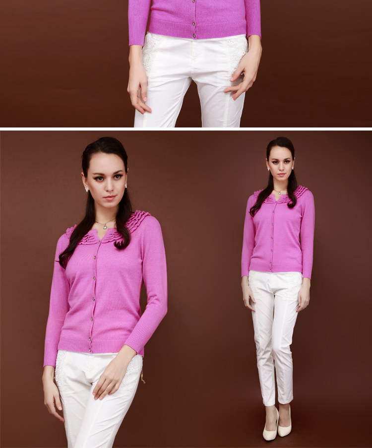 00%纯山羊绒 2014春装新款淑女修身<em>开衫</em> 荷花