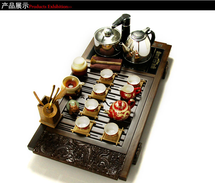 常生源茶具 整套功夫茶具 茶盘 鸡翅木黑檀紫砂电磁套装 茶杯 茶壶 整套茶具 祥云降福-紫砂虎啸