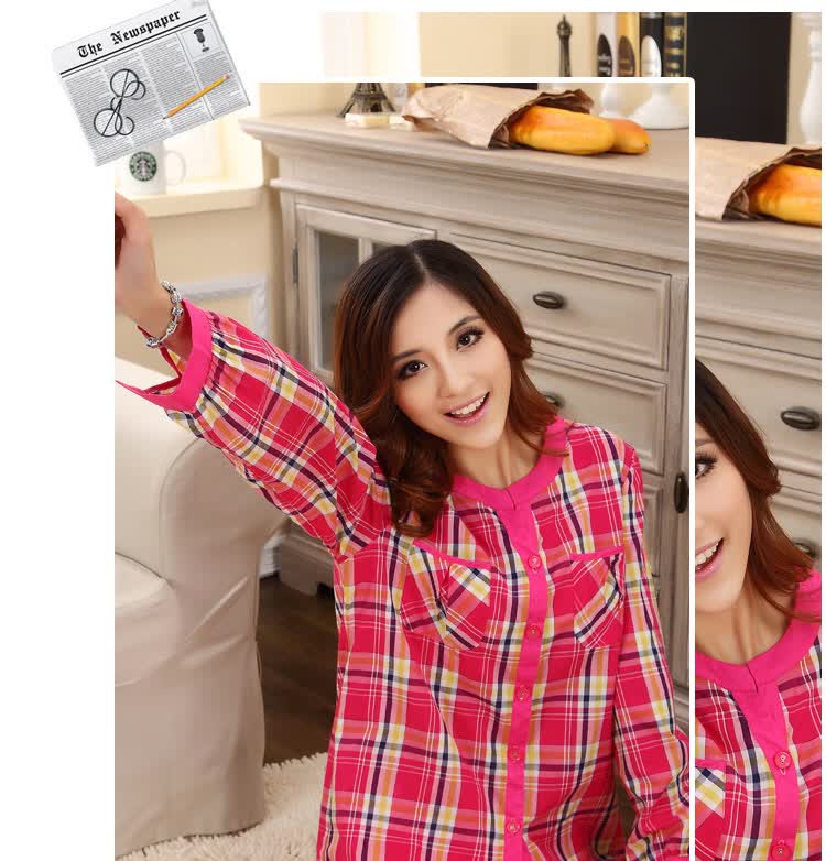 派邦奴 春秋新款家居服 可爱格子<em>睡衣</em>女 秋<em>纯棉</em>