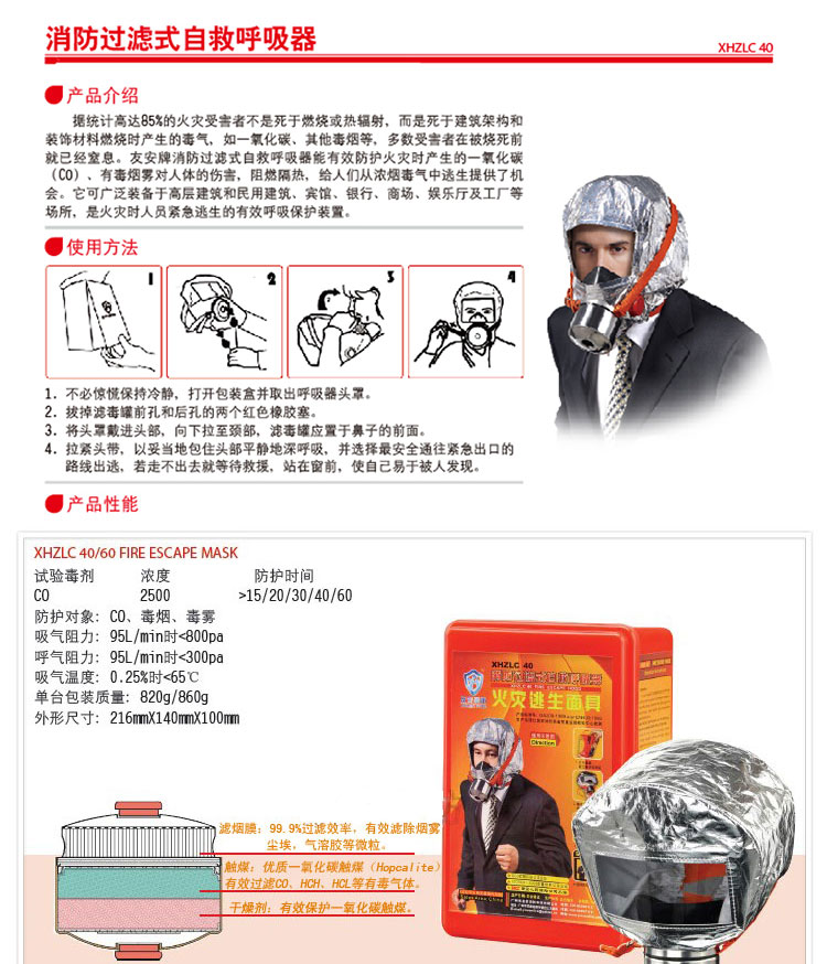 友安消防 40分钟火灾逃生面具XHZLC40型消防