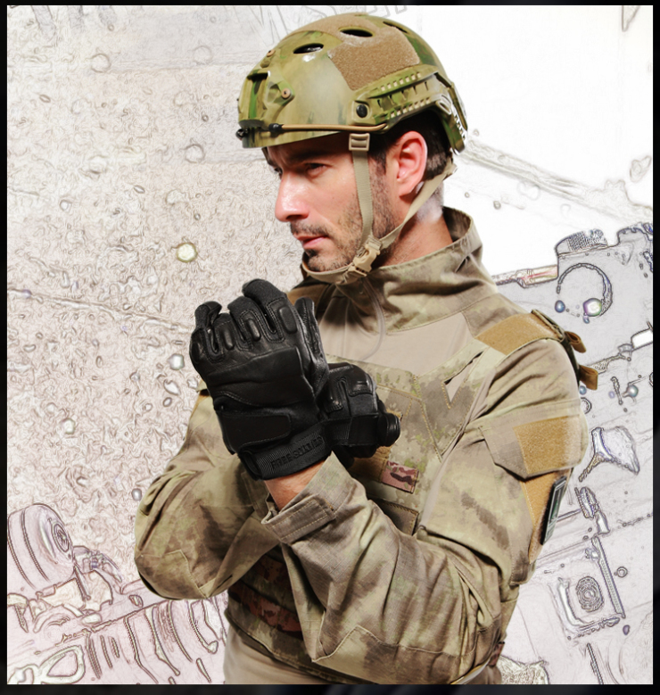 自由兵 户外运动凯夫拉军用战术全指真皮手套