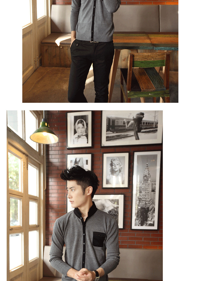 2014秋冬<em>男士</em>针织衫 毛衣男 <em>开衫衬衫</em>翻领 <em>灰色</em>