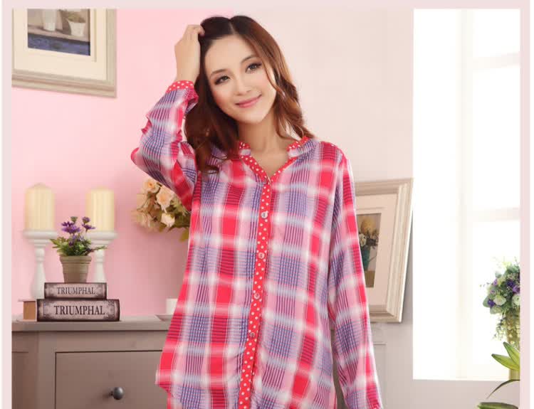 新品 派邦奴 休闲舒适格子纯棉<em>睡衣长袖套装</em> 女