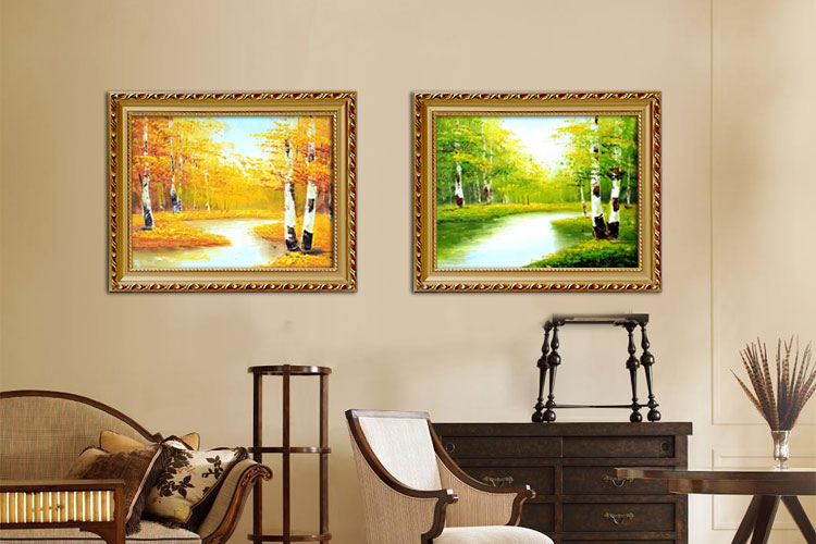 山迪欧式手绘油画客厅风景画装饰画餐厅挂画壁画白桦林 绿色竖版 含框39X49cm