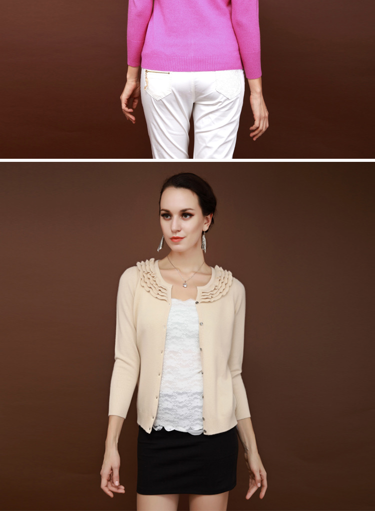 00%纯山羊绒 2014春装新款淑女修身<em>开衫</em> 荷花