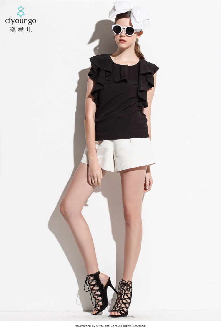 Ciyoungo 瓷样儿 欧美风纯色<em>提花短裤</em> 宽松喇叭