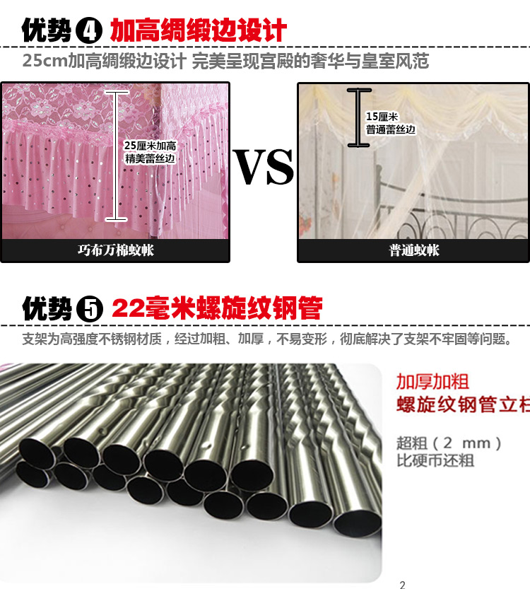 巧布万棉家纺 蚊帐 22毫米加粗螺纹立柱三开门宫廷落地蚊帐 22毫米立柱3345玉1.8米