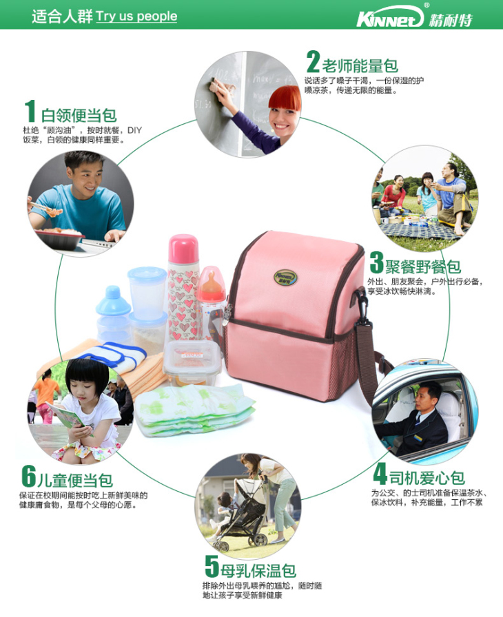 精耐特KINNET 多功能保温包 双肩斜跨妈咪背奶包 环保无毒面料超长时间保冰保冷外出餐包 粉色