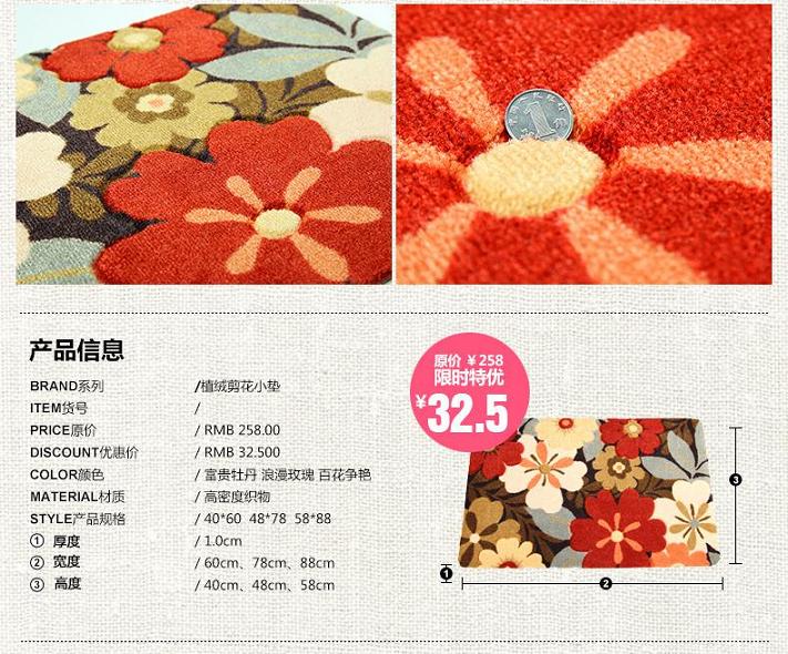 地毯先生植绒剪花地垫 入户防尘地毯浴室吸水地垫 环保无味加厚地垫 百花争艳 48*78