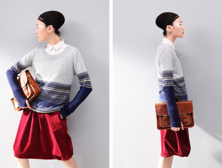 初语2014春季新款 几何拼接<em>图案</em> 圆领长袖<em>套头</em>