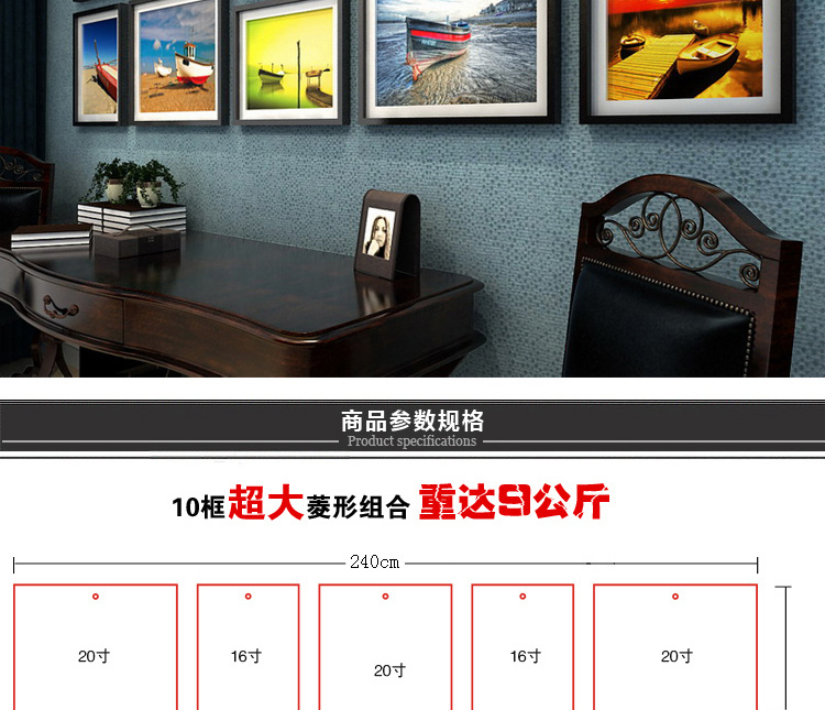 
                                        狮家进口实木照片墙创意欧式相片墙 大尺寸相框墙组合10框 白色相框+宁静港湾画芯                