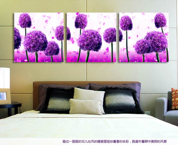 孖堡家居无框画油画 客厅现代简约装饰画 卧室餐厅走廊壁画墙画 紫色蒲公英花挂画三联画三件套 70cm*70cm*3副