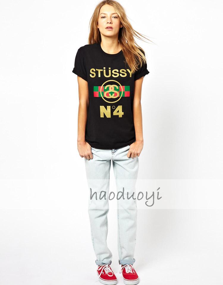 haoduoyi 恶搞风格Stussy No 4 T-Shirt黑色圆领