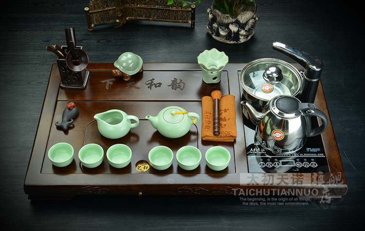 太初天诺4合一功夫紫砂汝窑茶盘茶具套装进口黑檀木实木红木 B.韵和天下茶盘+虎啸茶具