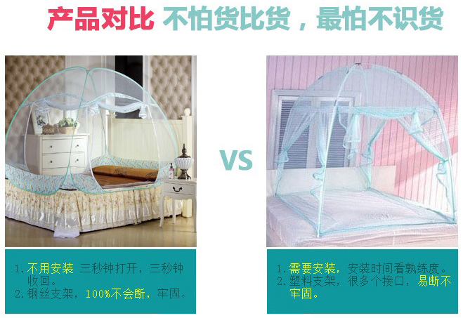 
                                                            圣安贝 蒙古包蚊帐1.2/1.5/1.8防护加高双门花边免安装折叠式 浅蓝色 150*200                