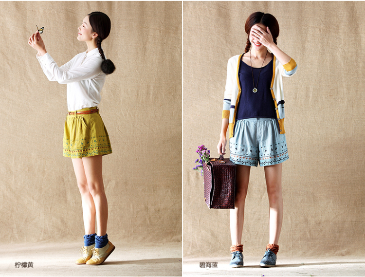 <em>茵曼短裤女</em>夏宽松2014春夏装新款亚麻绣花显
